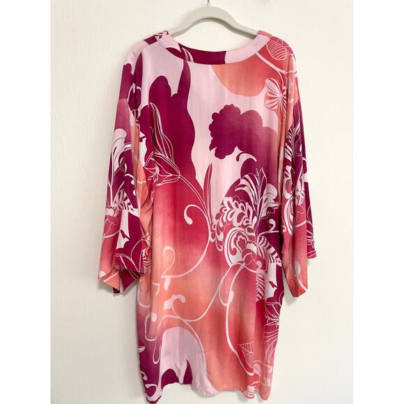 Natori Womens Floral Kimono Dress M Pink Wide Sleeve Pockets Artsy Resort - Picture 3 of 15